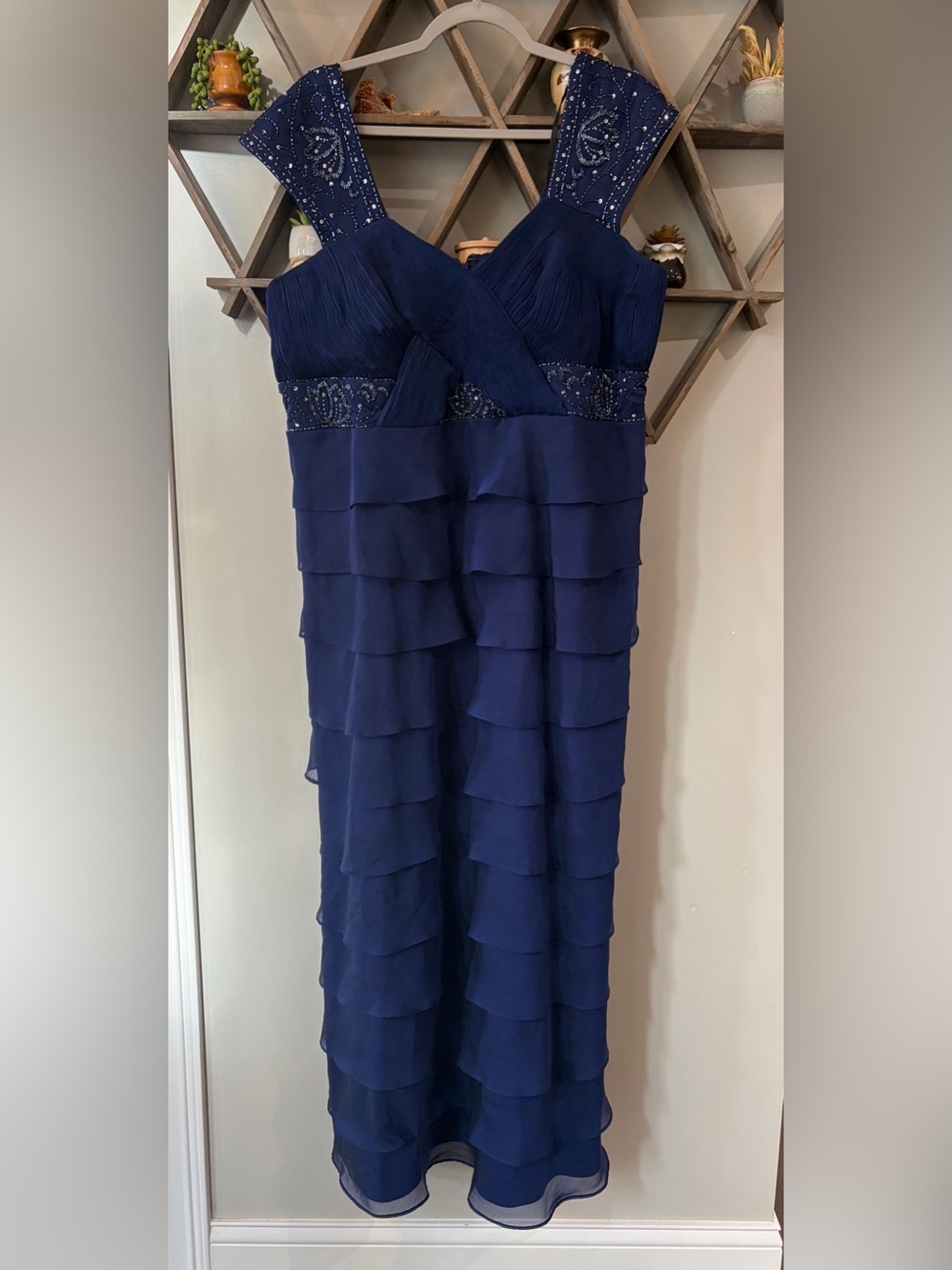 Ignite Evenings by Carol Lin Navy tiered sparkle detail formal gown. Size 18w.